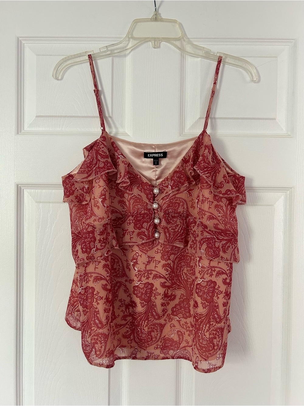 Express Red Paisley Ruffle Cami with Pearl Buttons
